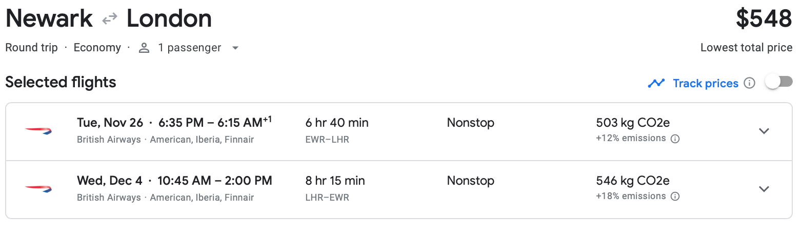 Screenshot of Google Flights estimate on round trip airfare from Newark to London