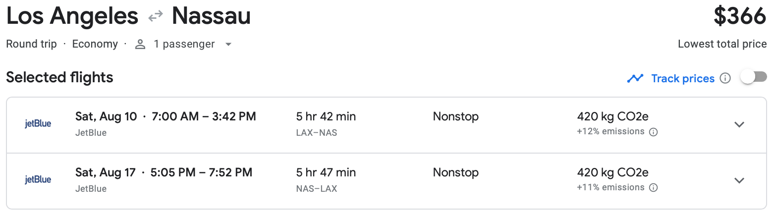 Screenshot of Google Flights estimate for flight from L.A. to Nassau