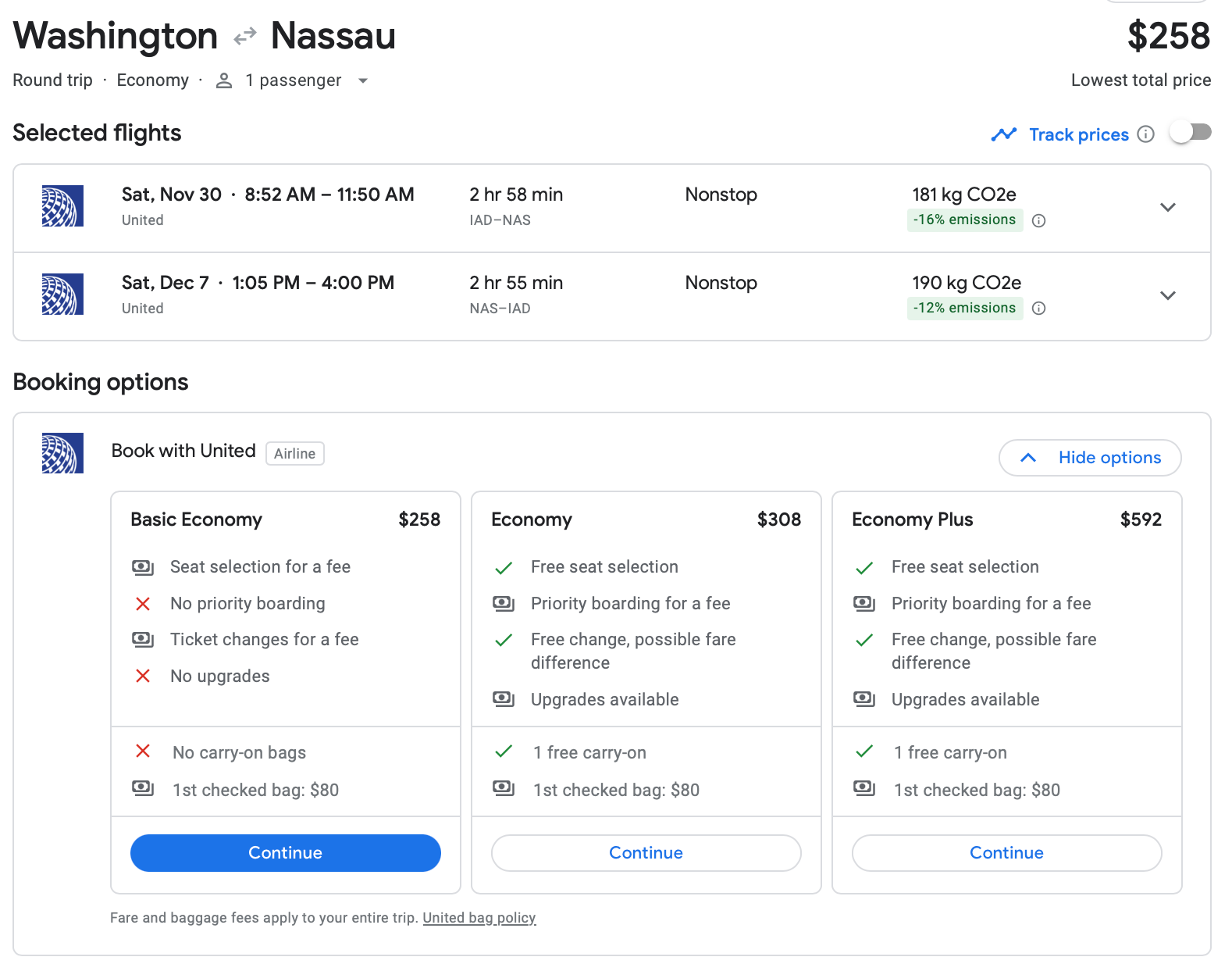 Screenshot of Google Flights estimate for different fares on Washington, D.C. to Nassau flight