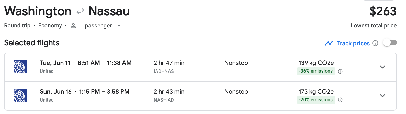Screenshot of Google Flights estimate for flight from Washington, D.C. to Nassau