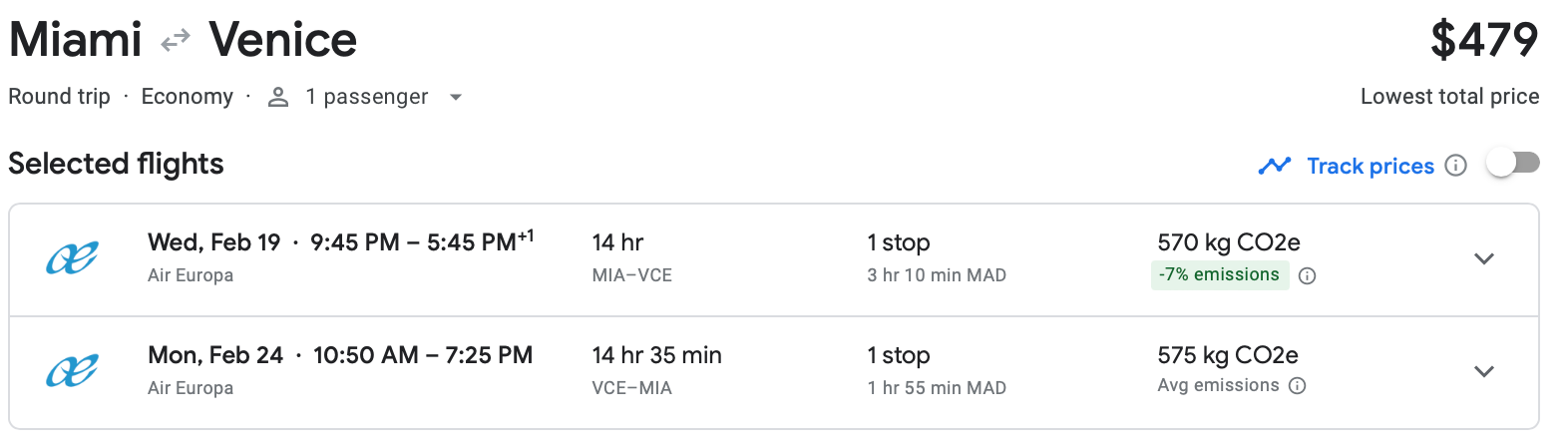 Google Flights estimate of a roundtrip flight from Miami to Venice