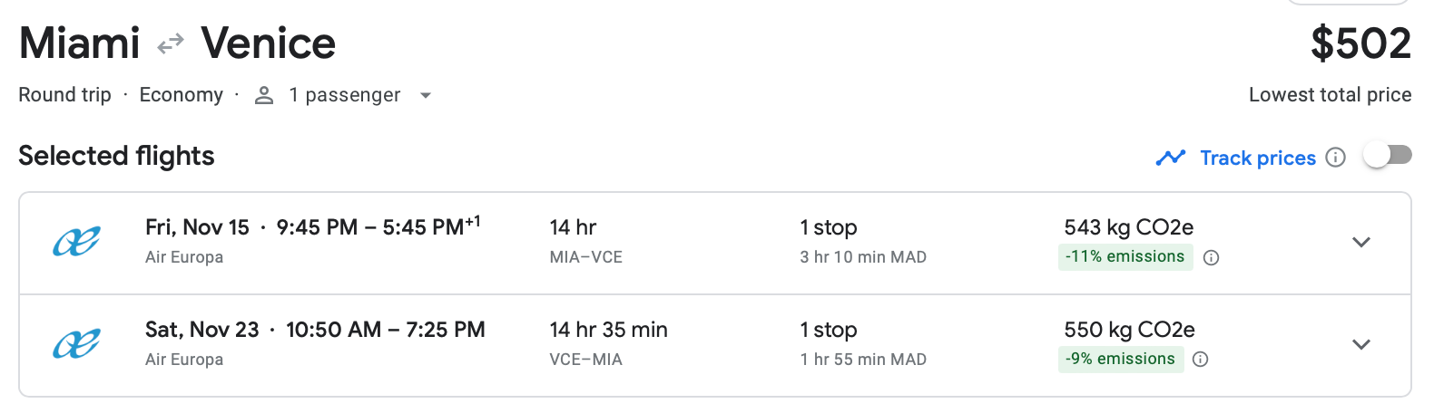 Google Flights estimate of a roundtrip flight from Miami to Venice