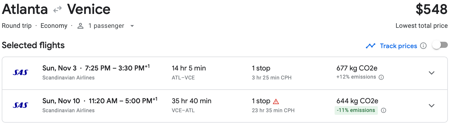 Google Flights estimate of a roundtrip flight from Atlanta to Venice