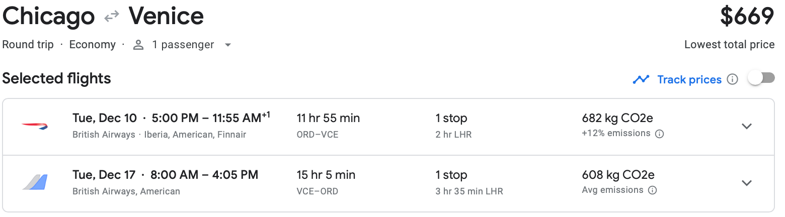 Google Flights estimate of a roundtrip flight from Chicago to Venice