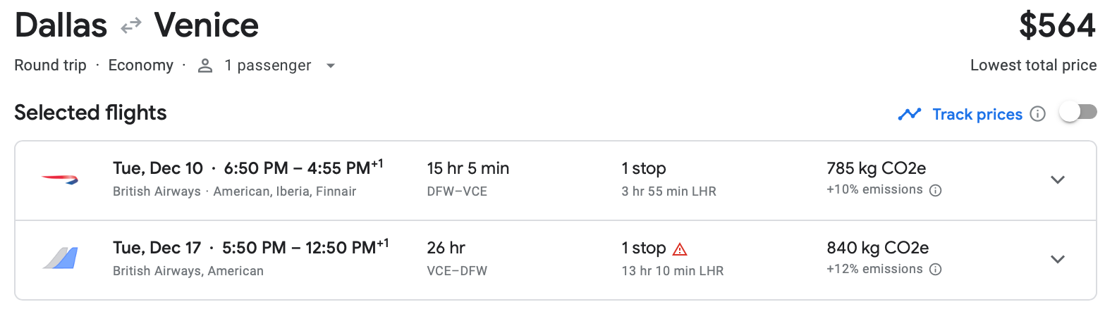 Google Flights estimate of a roundtrip flight from Dallas to Venice