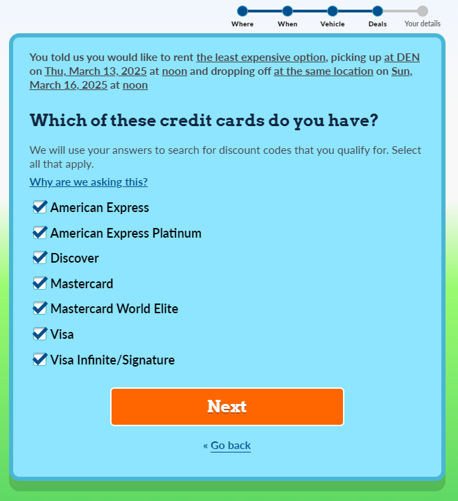 Screenshot of AutoSlash options for user credit cards