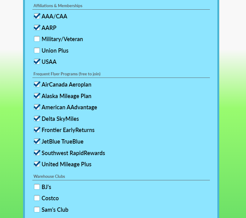 Screenshot of AutoSlash loyalty program membership options