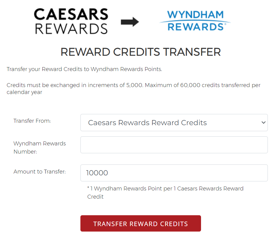 Transfer Caesars reward credits to Wyndham