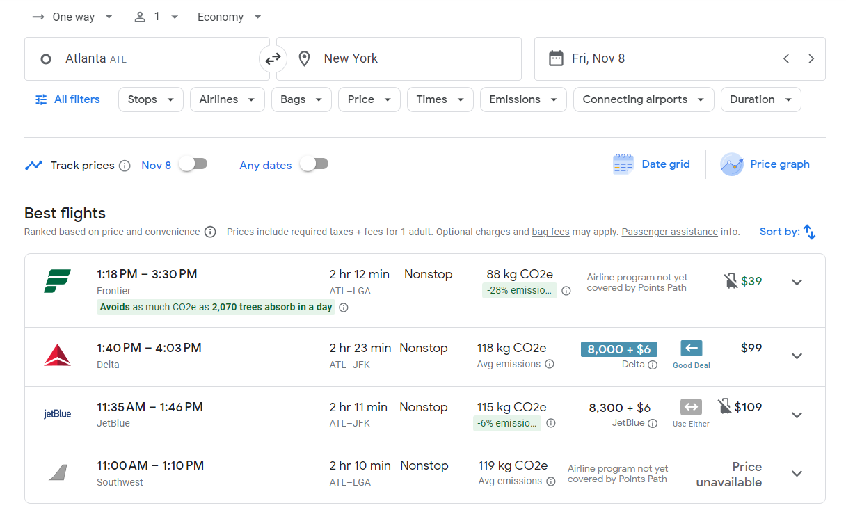 A screenshot of Google Flights results with the PointsPath extension