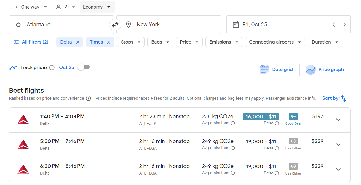Google Flights results with the Points Path extension