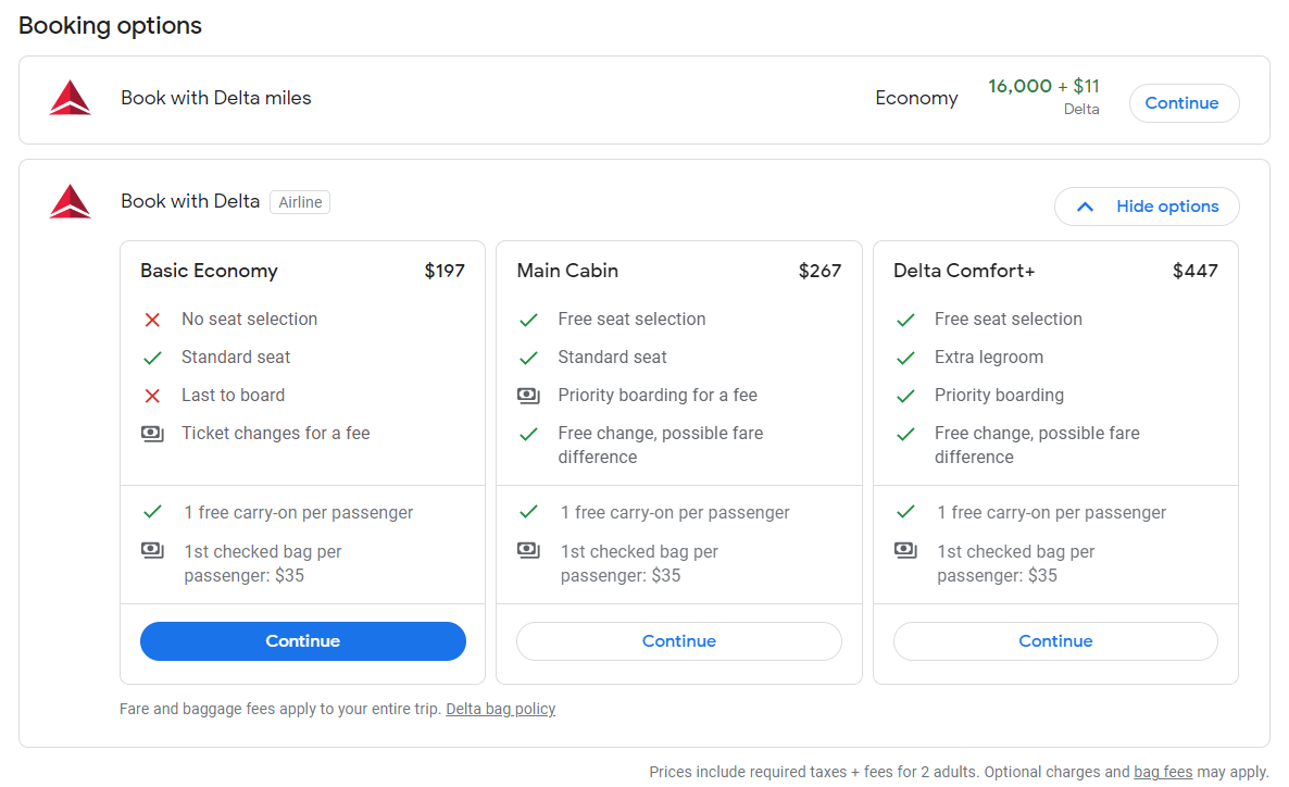 Google Flights booking options results with the Points Path extension