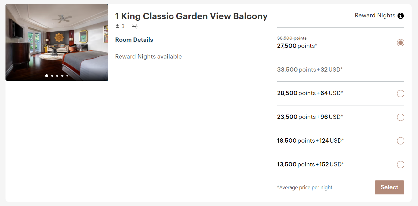 A screenshot of the cost, in points, for a King Classic room with a garden view