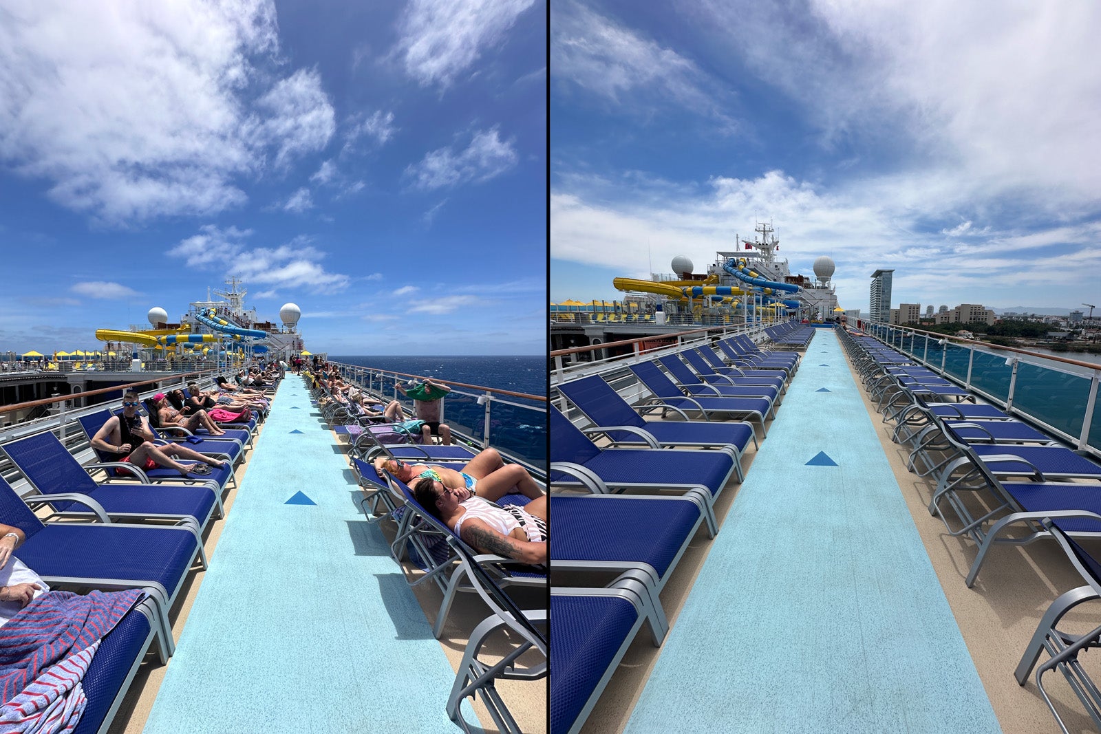 Deck chairs on a cruise ship on a sea day versus a port day