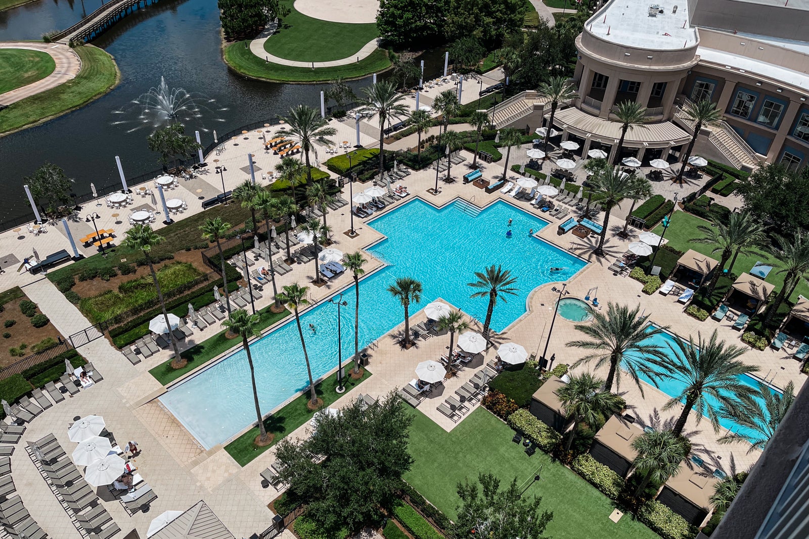 Waldorf Astoria Orlando's two pools photographed from above