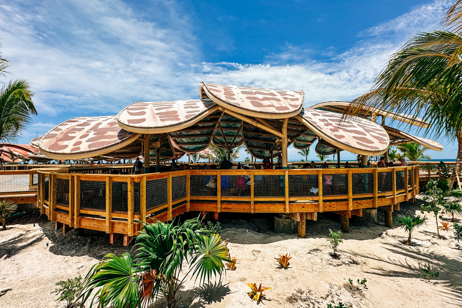 Covered dining pavilions on the beach