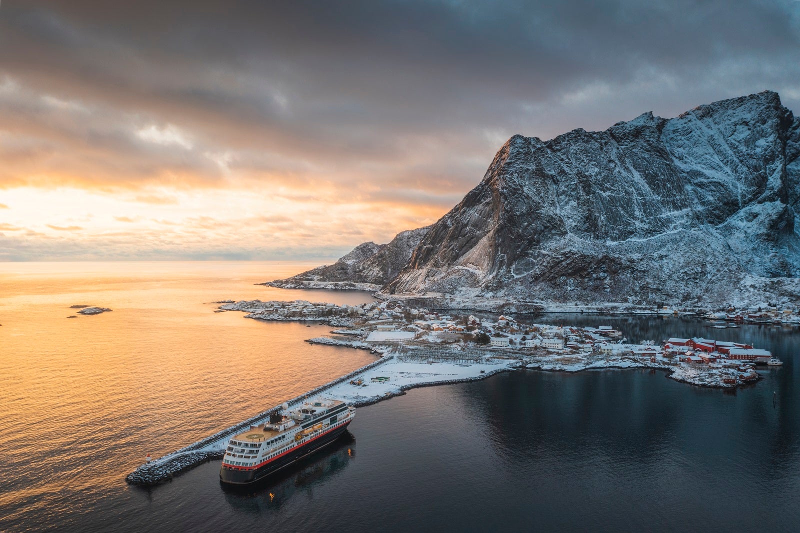 A cruise ship docked in the Lofoten Islands in the Arctic