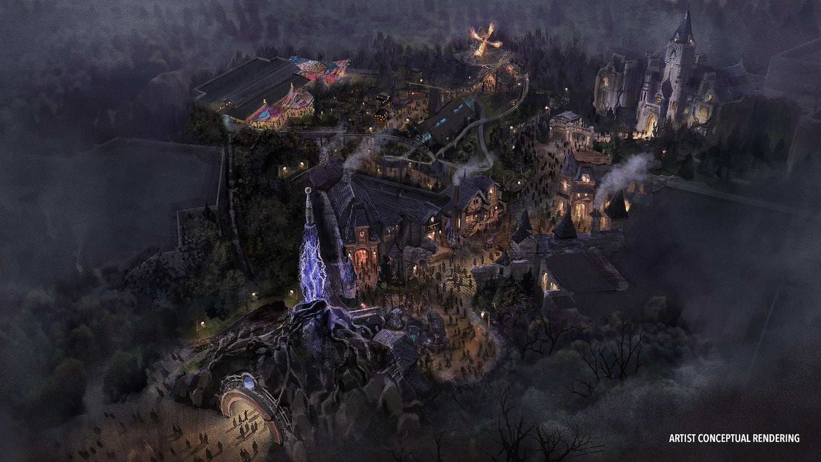 Aerial rendering of Dark Universe at Universal Epic Universe