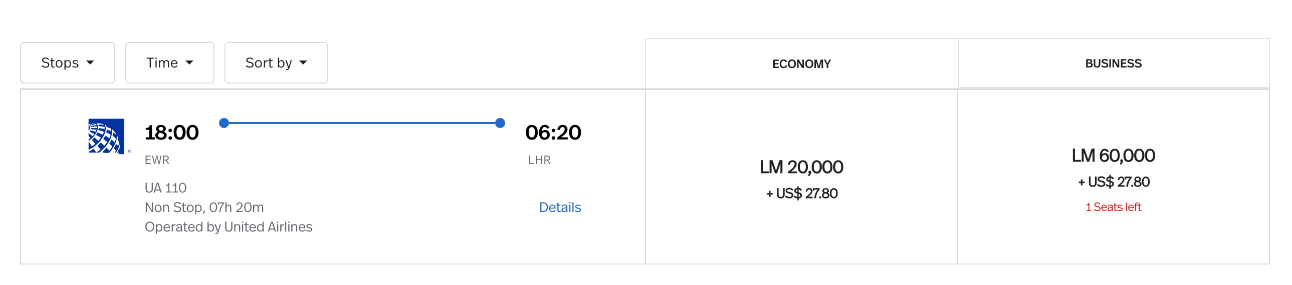 Cost of flying from EWR to LHR with points on United