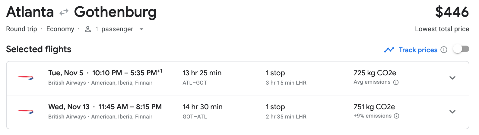 Google Flights estimate for roundtrip flight from Atlanta to Gothenburg