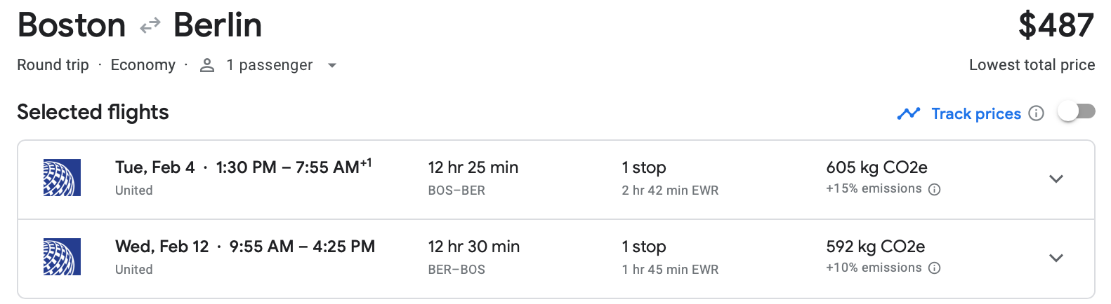 Google Flights estimate for roundtrip flight from Boston to Berlin