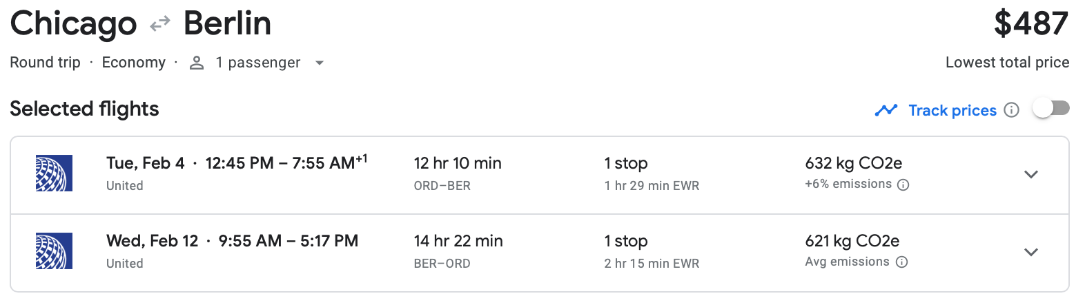Google Flights estimate for roundtrip flight from Chicago to Berlin