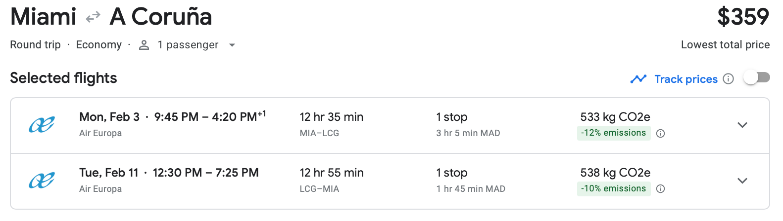 Google Flights estimate for roundtrip flight from Miami to A Coruña