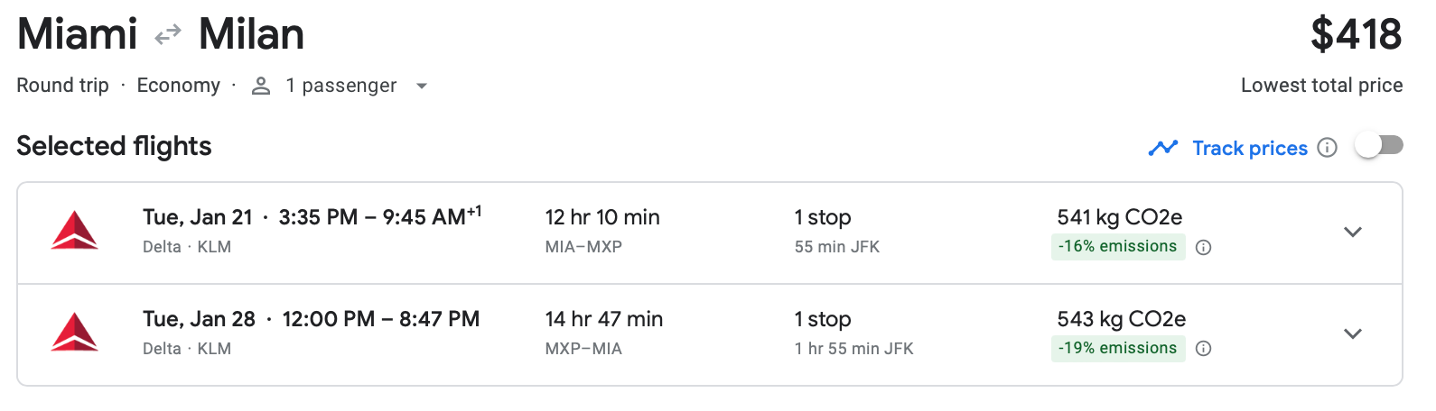 Google Flights estimate for roundtrip flight from Miami to Milan