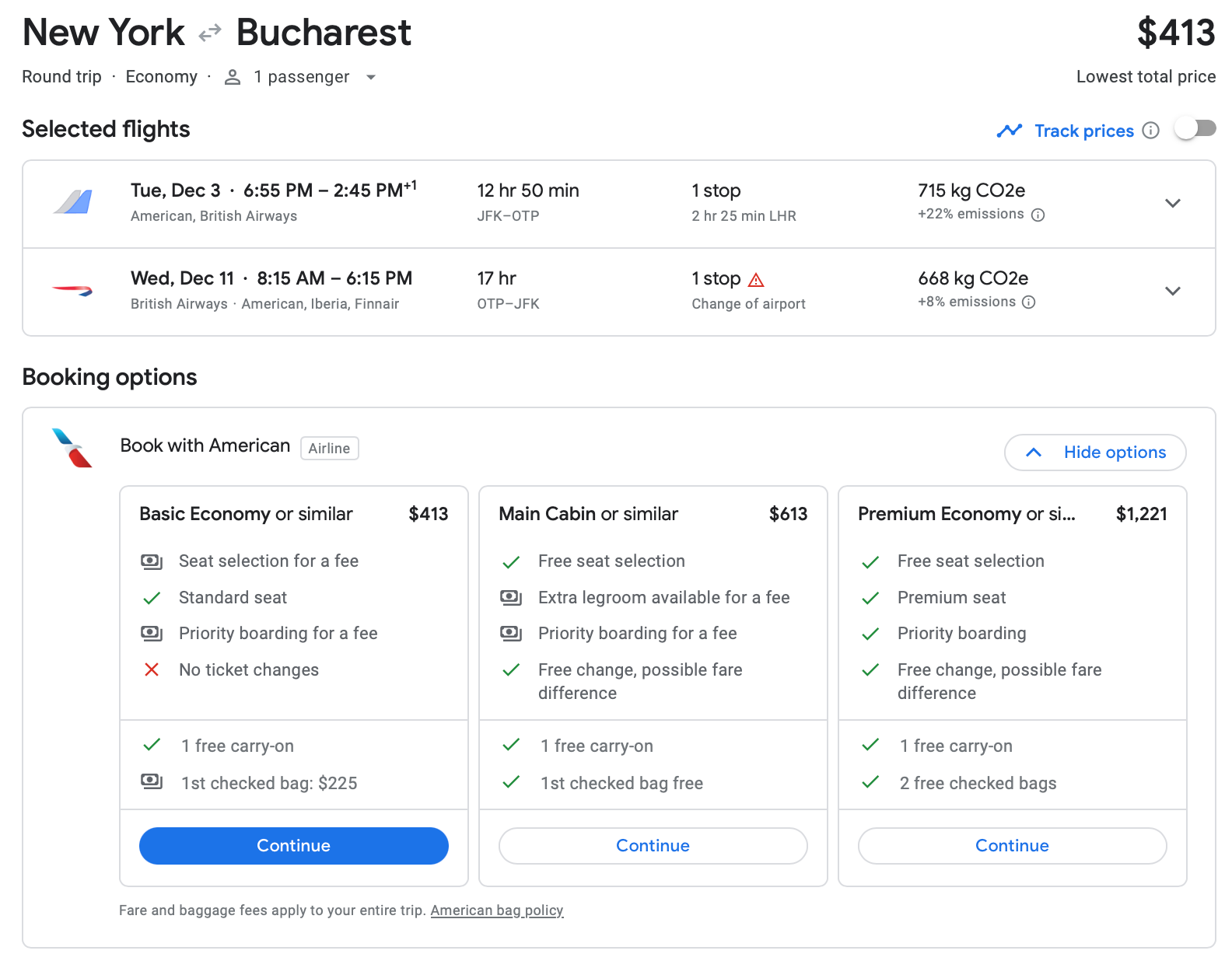 Google Flights estimate for roundtrip flight from New York to Bucharest