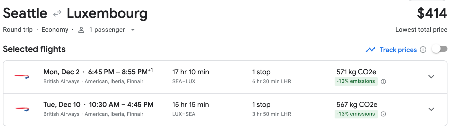 Google Flights estimate for roundtrip flight from Seattle to Luxembourg