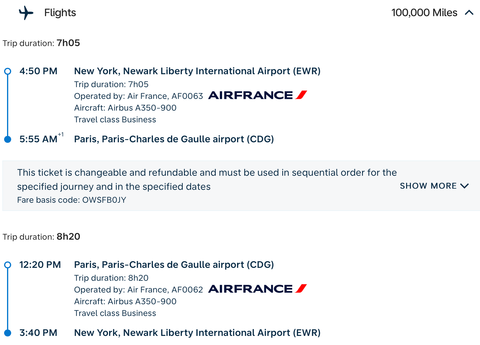 Cost of New York City to Paris roundtrip flight with Air France