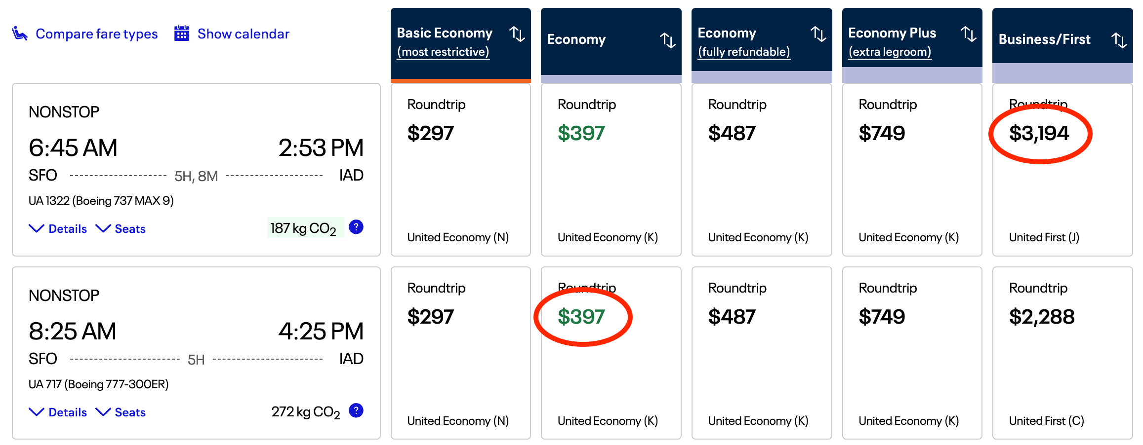 United SFO IAD flight options: economy in 777 vs. first in 737