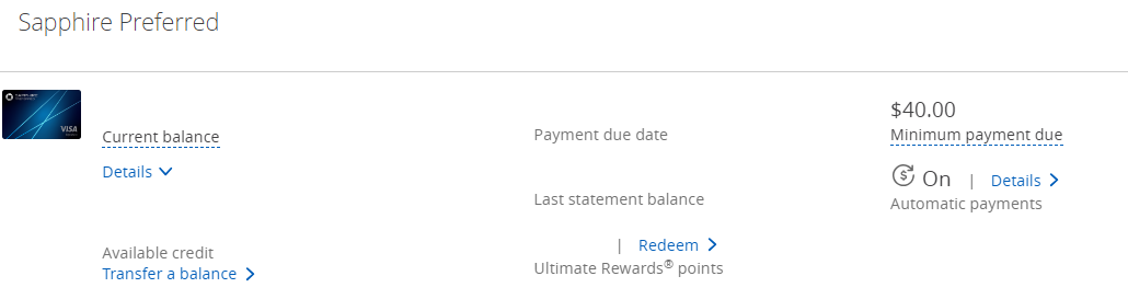 Screenshot of Chase credit card balance