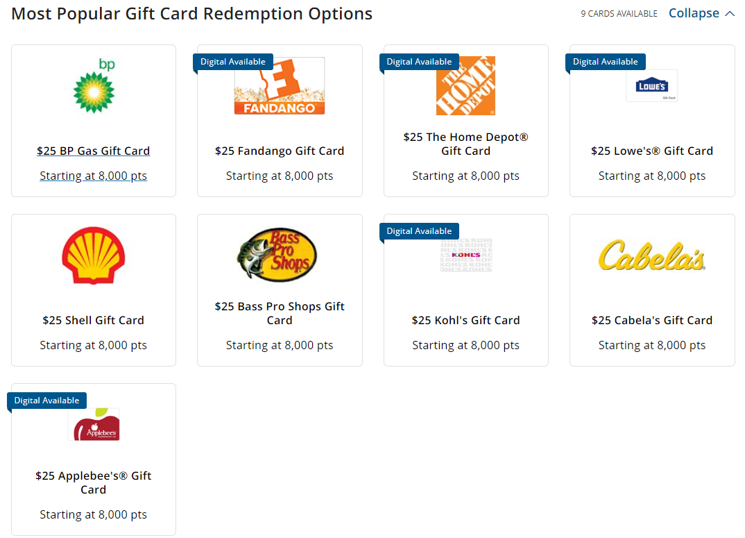 Redeem Choice points for gift cards