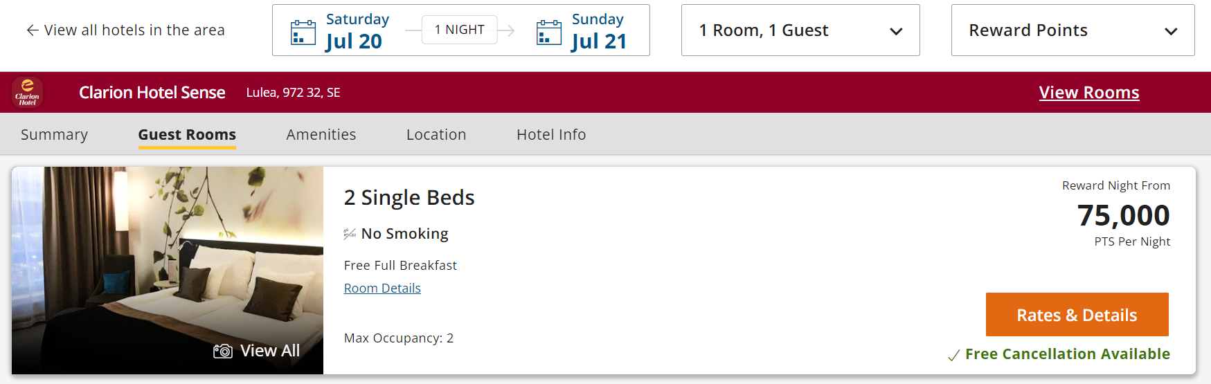 Choice Hotel pricing at 75,000 points