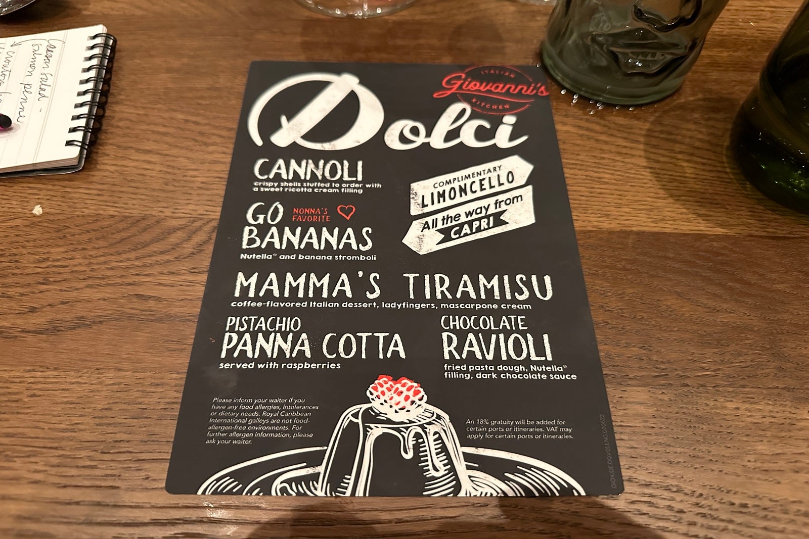 A dessert menu from an Italian restaurant