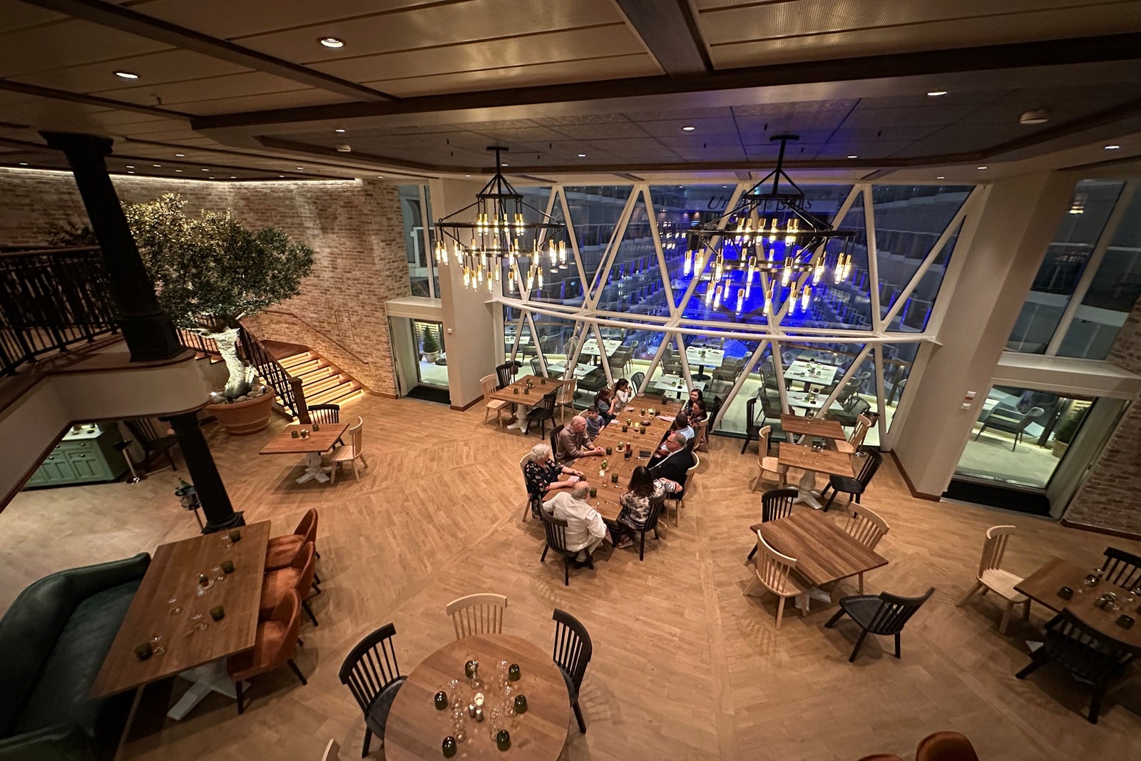 A view of a cruise ship restaurant from above