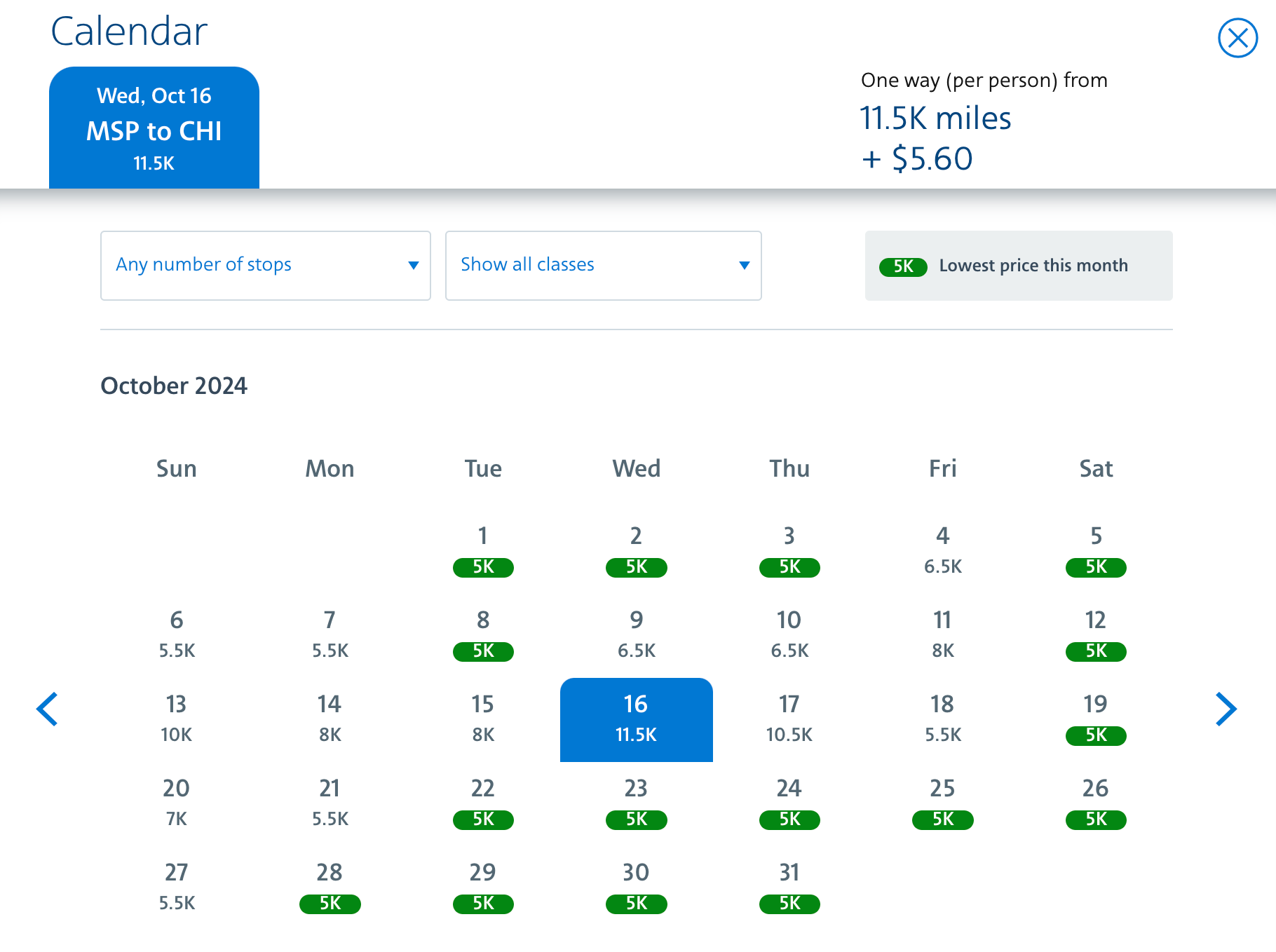 American miles calendar MSP-CHI