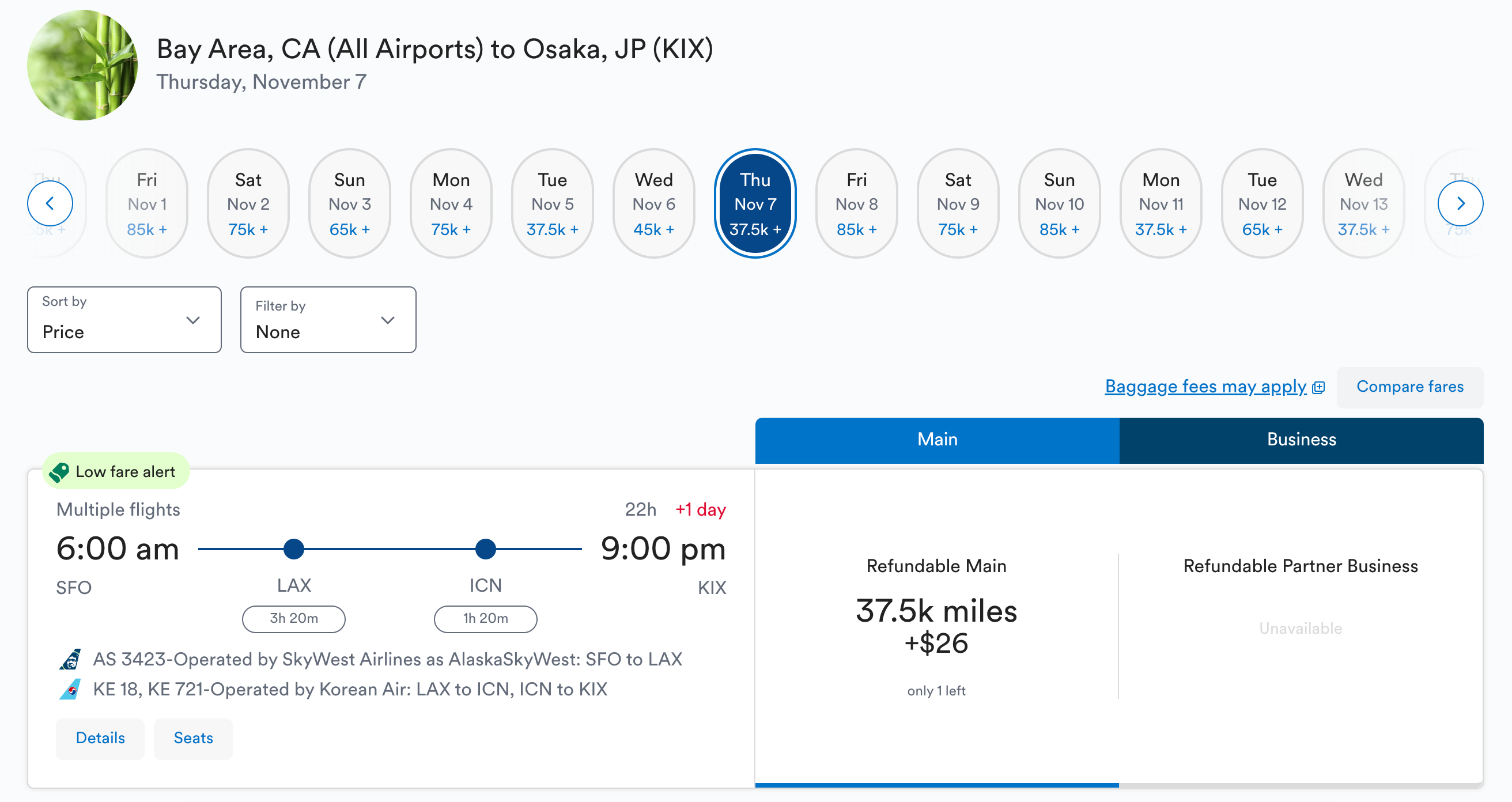 Alaska award flight SFO-Osaka