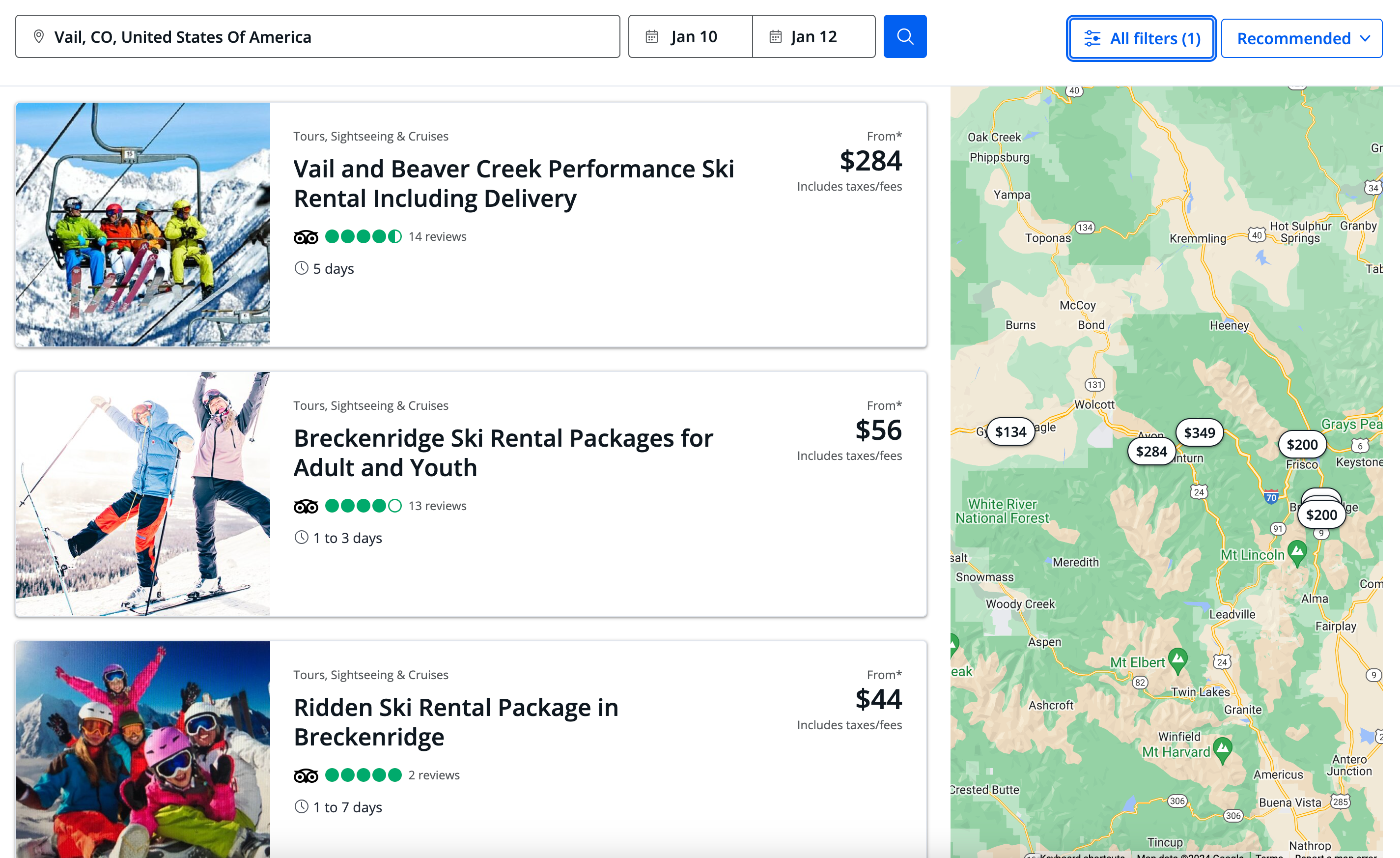 Chase Travel ski rental results in Vail