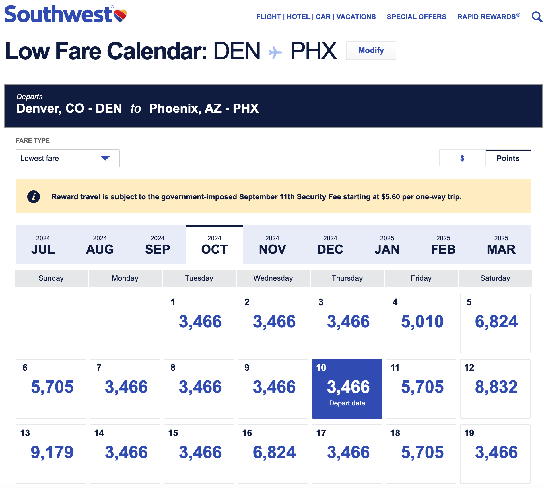 Southwest points calendar DEN-PHX