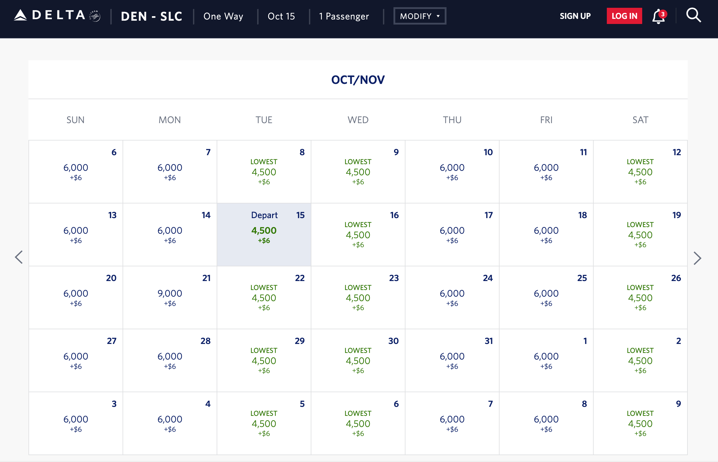 Delta DEN-SLC miles calendar