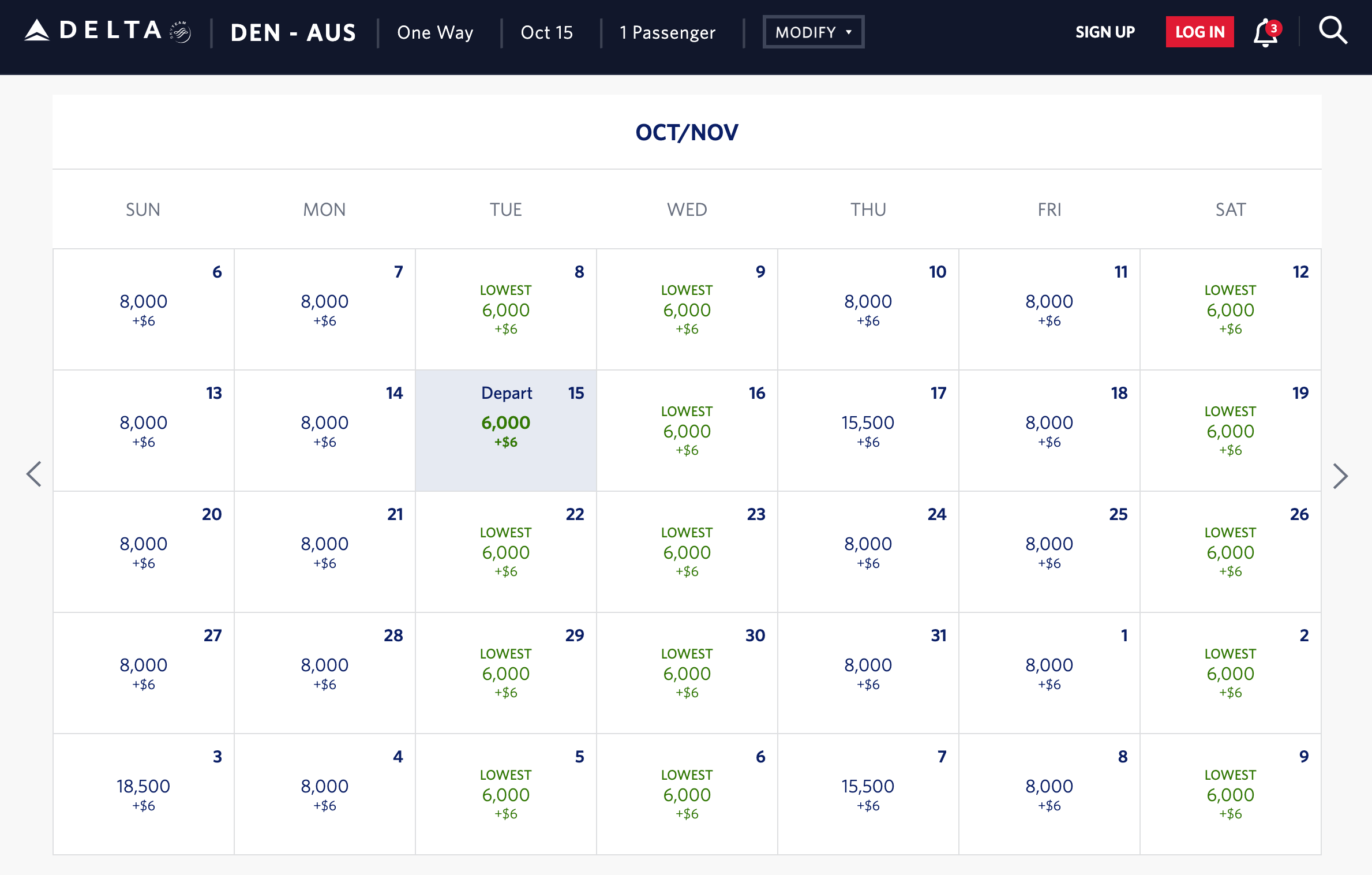 Delta DEN-AUS miles calendar