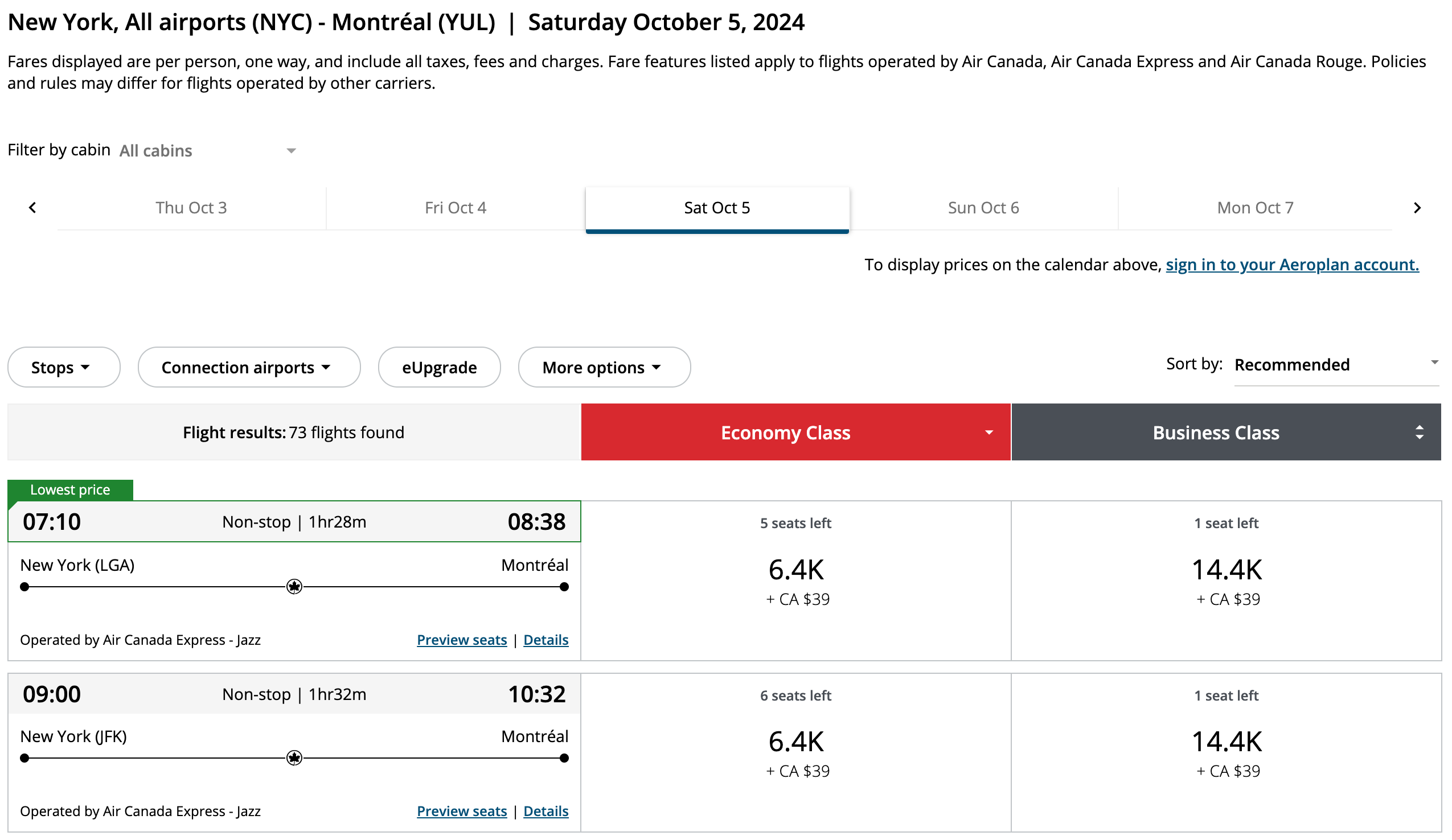 Aeroplan points NYC-YUL