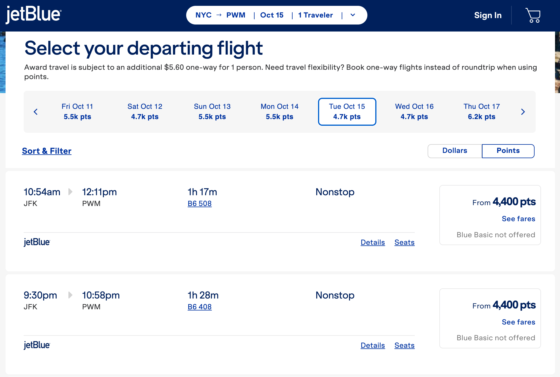 Jetblue award flights JFK-PWM