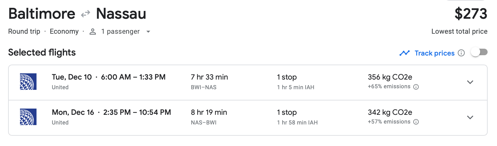 Cost of round-trip flight between Baltimore and Nassau on United Airlines