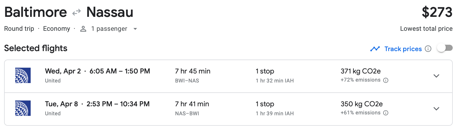 Cost of round-trip flight between Baltimore and Nassau on United Airlines