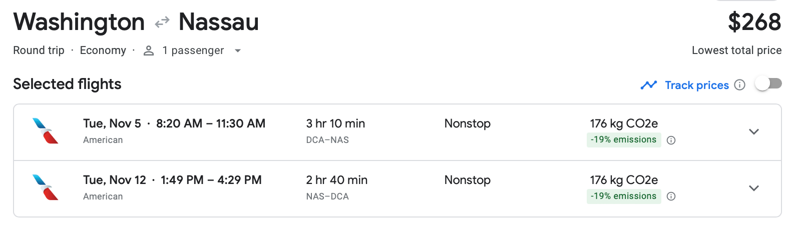 Cost of round-trip flight between Washington, D.C. and Nassau on American Airlines