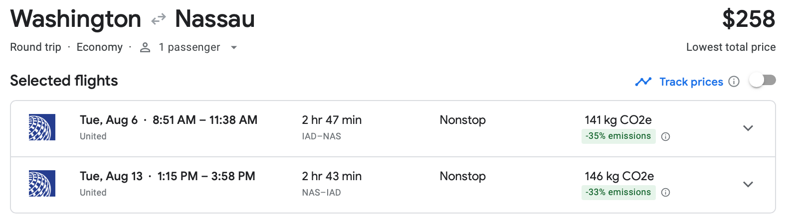 Cost of round-trip flight between Washington, D.C. and Nassau on United Airlines