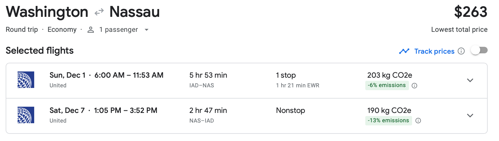 Cost of round-trip flight between Washington, D.C. and Nassau on United Airlines