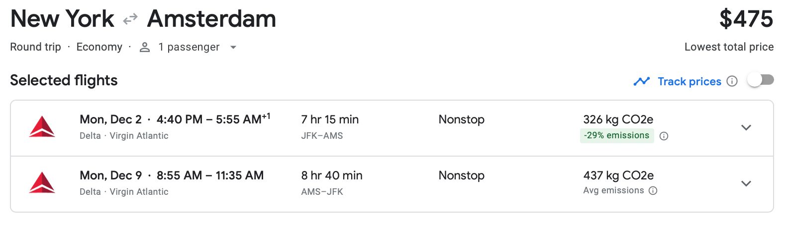 Cost of round-trip flight between New York and Amsterdam on Delta 